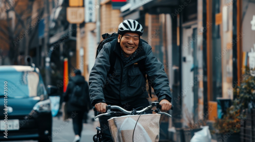 A joyful cyclist navigates a bustling city street, embodying freedom and urban exploration, exuding energy and optimism on this lively day. A joyful cyclist navigates a bustling city street, embodying freedom and urban exploration, exuding energy and optimism on this lively day.
