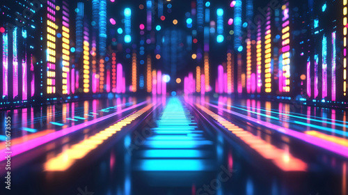 Vibrant abstract background featuring equalizer effect with neon lights illuminating futuristic pathway. colorful display creates dynamic and energetic atmosphere