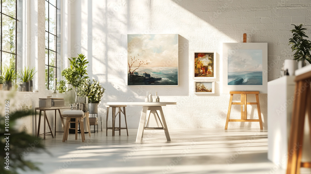 Fototapeta premium Bright art studio with large windows showcasing landscapes and still life in natural light
