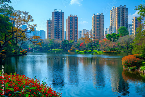 City park with a serene lake overlooked by modern apartments. photo