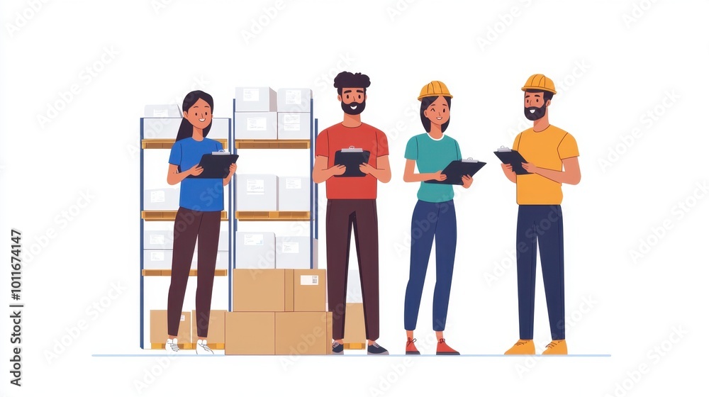 Fototapeta premium Warehouse worker with clipboard, diverse team, bright space, minimal elements