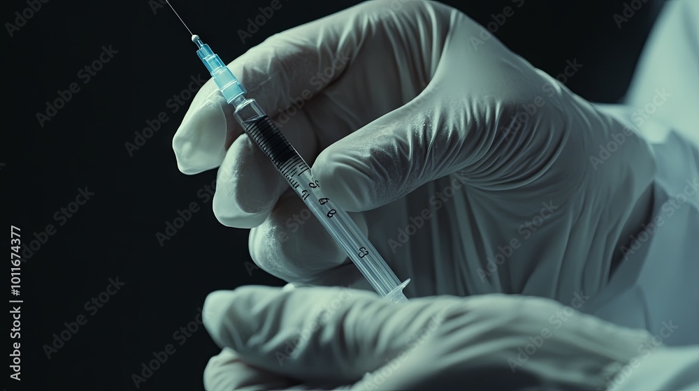white gloved hand holding a skinny syringe