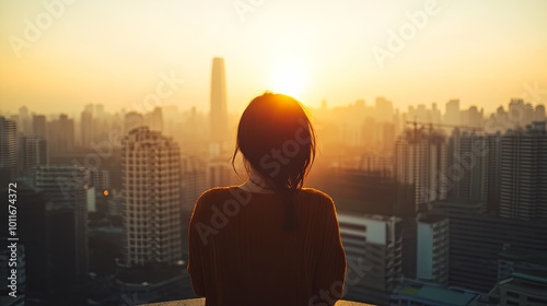 Woman enjoying a sunset view from a rooftop, peaceful and reflective moment, city skyline in the background.