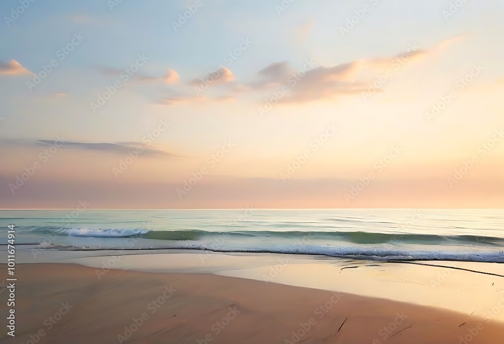 A serene and minimalistic coastal scene featuring soft waves gently lapping at the shoreline A serene and minimalistic coastal scene featuring soft waves gently lapping at the shoreline