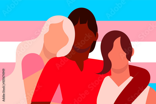 Three trans people of different ethnicity standing next to each other. Colorful illustration on diversity, friendship, closeness. Transgender flag, LGBTQ+ community. 