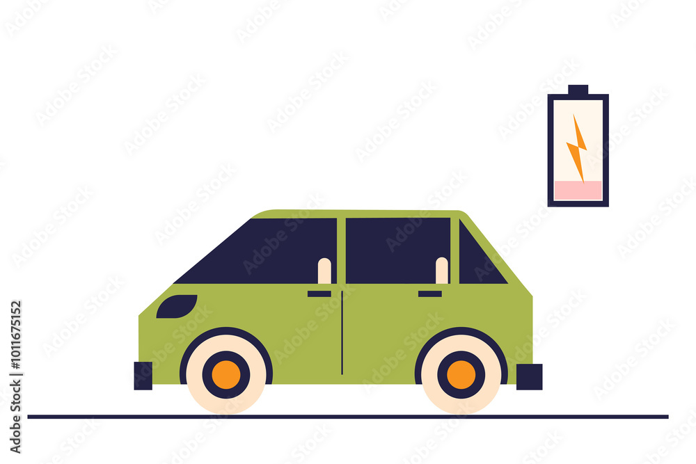 Fototapeta premium Simple, flat illustration of a green electric car, EV with an almost empty battery icon. Low emission vehicle. Minimalistic design with bold colors and clean lines. Image isolated on white background