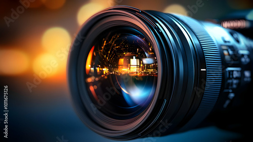 A Close-Up View of a Camera Lens with a Cityscape Reflected in the Glass, Captured with a Bokeh Background