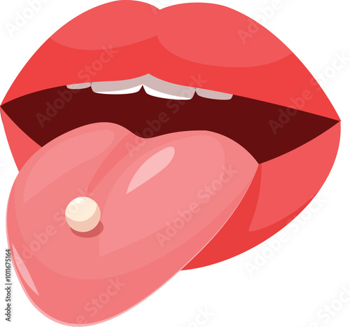 Cartoon illustration of a mouth with red lips showing a tongue with a piercing