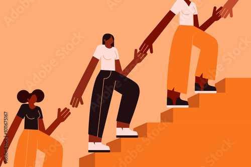 Brown, black women, girls climbing stairs, supporting, helping each other to make their way to the top. Womanhood, connection, community, progress, solidarity, empowerment. Flat vector illustration