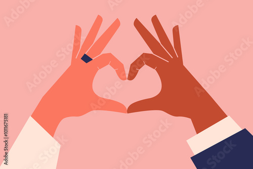 Two hands clasped together making a heart shape. Diversity, empowerment, support, love. Elegant, wedding, newlyweds. Concept illustration for banner, post, magazine article