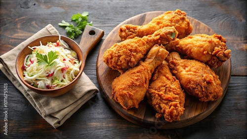 High angle view of crispy fried chicken drumsticks with coleslaw and pickle photo