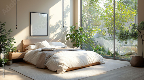 serene bedroom featuring comfortable bed, natural light streaming through large windows, and lush greenery outside. calming atmosphere invites relaxation and tranquility