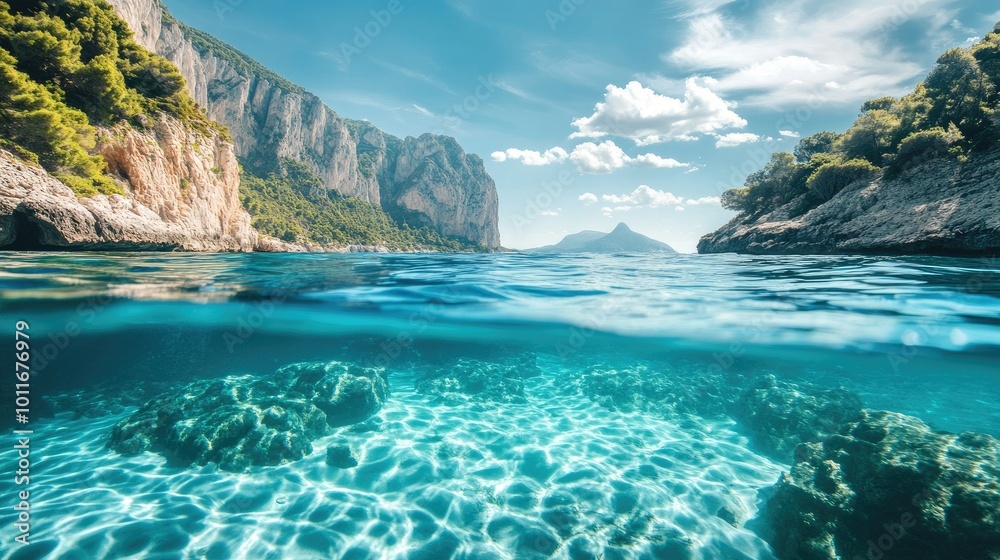 Fototapeta premium Clear waters under Europe, peaceful and pristine, no fish in view, with copy space for writing.
