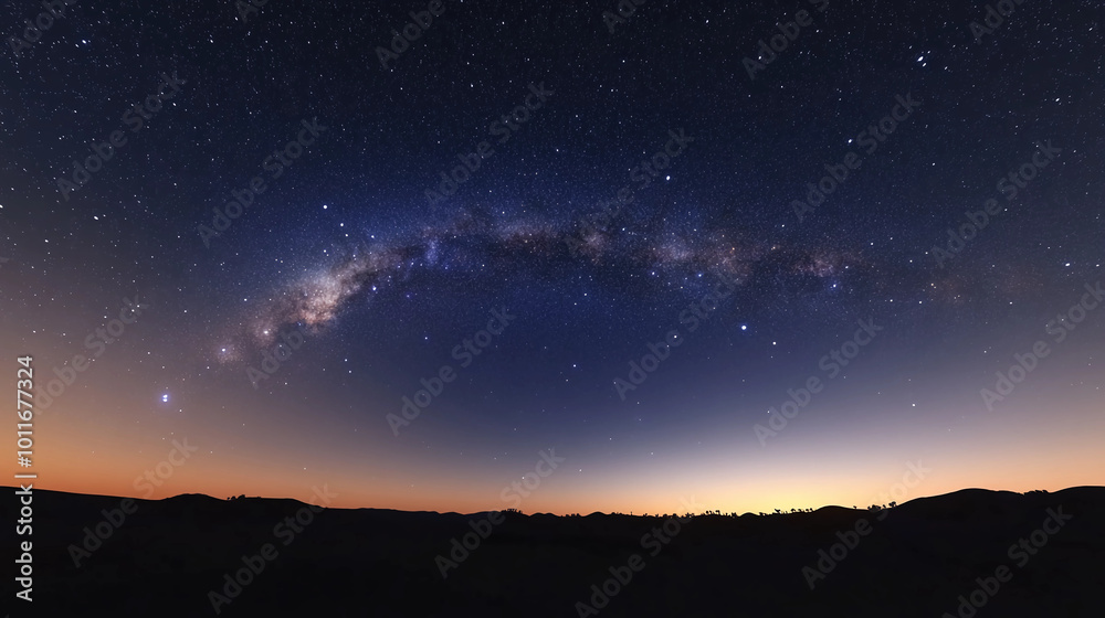 Stunning Milky Way Arch Over Twilight Horizon in Desert Landscape Stunning Milky Way Arch Over Twilight Horizon in Desert Landscape