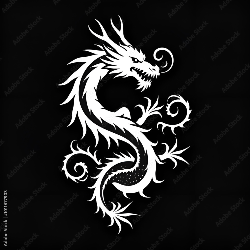 White dragon silhouette with intricate patterns on black background White dragon silhouette with intricate patterns on black background