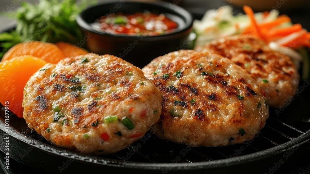 Closeup of four grilled fish cakes with a dipping sauce, orange slices and vegetables. Closeup of four grilled fish cakes with a dipping sauce, orange slices and vegetables.