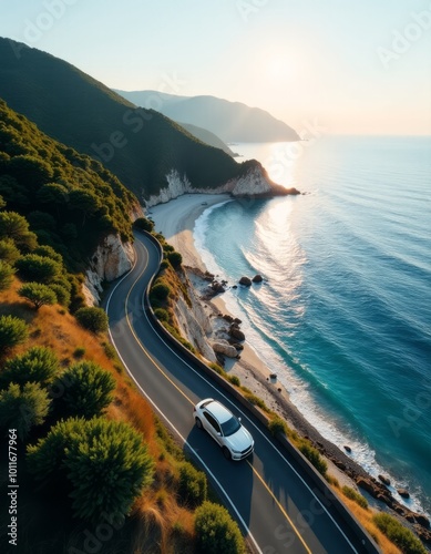 Aerial view ofDriving on a coast road. aerial view of a car driven on an amazing curved waving road at the sea shore in balchik sea resort in bulgaria. aerial view. Ultra realistic. Photorealistic photo