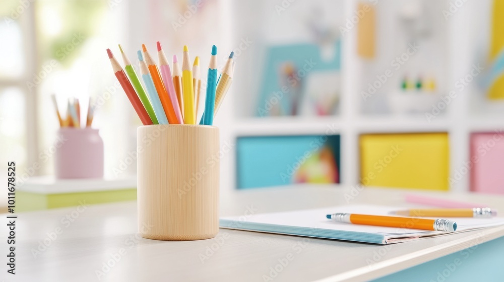 Colorful pencils in a stylish wooden holder Colorful pencils in a stylish wooden holder