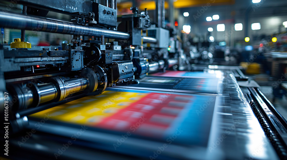 Close up of press printing machine in operation, showcasing vibrant colors and intricate details. machinery is busy at work, producing high quality prints in dynamic environment Close up of press printing machine in operation, showcasing vibrant colors and intricate details. machinery is busy at work, producing high quality prints in dynamic environment