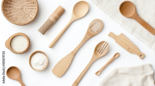 Wooden Kitchen Utensils on White Background