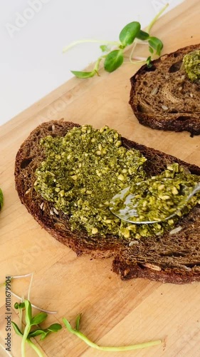 Wallpaper Mural Tasty Toast Bread with Green Veggies and Pesto Recipe. Cooking and Serving Process Torontodigital.ca