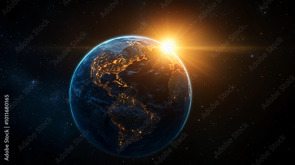 Fototapeta premium Sunrise Over Earth from Space, Illuminating Continents and City Lights Against the Starry Cosmos