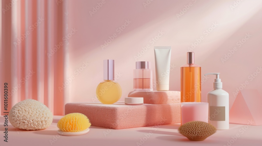 Elegant arrangement of cosmetics and bath items in a soft pink setting, radiating tranquility and modern sophistication.