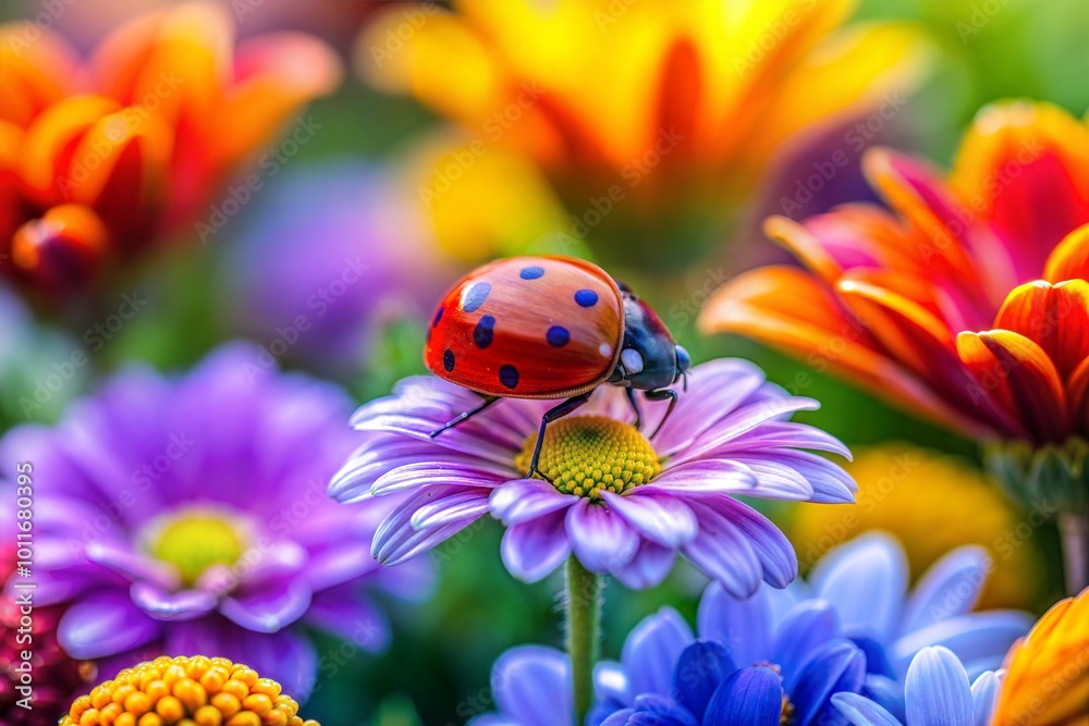 Ladybug on purple flower with blurry colorful background Ladybug on purple flower with blurry colorful background