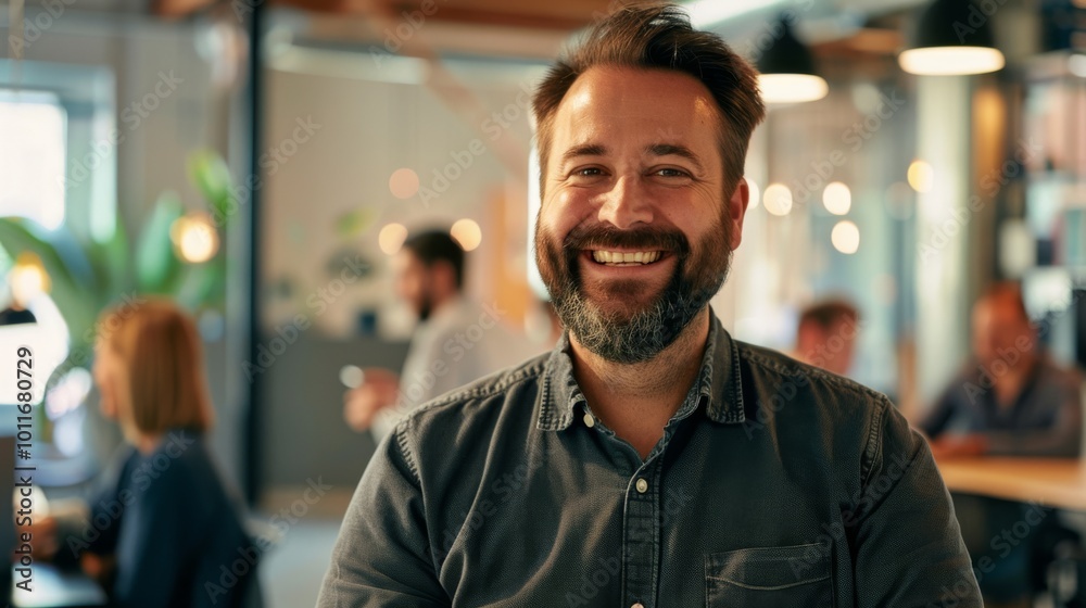 Smiling man with a beard in a modern office, conveying a friendly and professional atmosphere with colleagues in the background. Smiling man with a beard in a modern office, conveying a friendly and professional atmosphere with colleagues in the background.