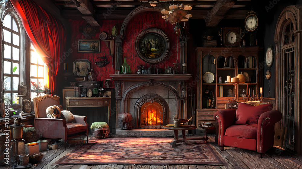 Raster illustration of the interior of an old house filled with furniture and fabulous light. 3d render. Witch's Cottage. Illustration Raster illustration of the interior of an old house filled with furniture and fabulous light. 3d render. Witch's Cottage. Illustration