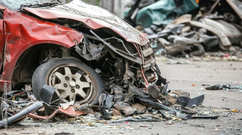 A close-up of a severely damaged car in a wrecked vehicle scene.