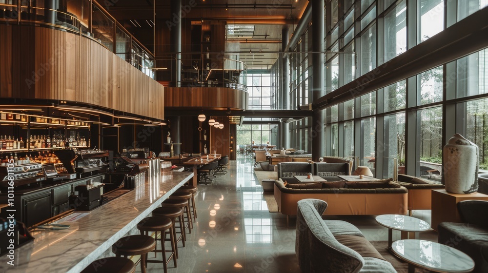 An elegant, modern restaurant bar with large windows, plush seating, and a refined ambiance, perfect for stylish and sophisticated dining. An elegant, modern restaurant bar with large windows, plush seating, and a refined ambiance, perfect for stylish and sophisticated dining.