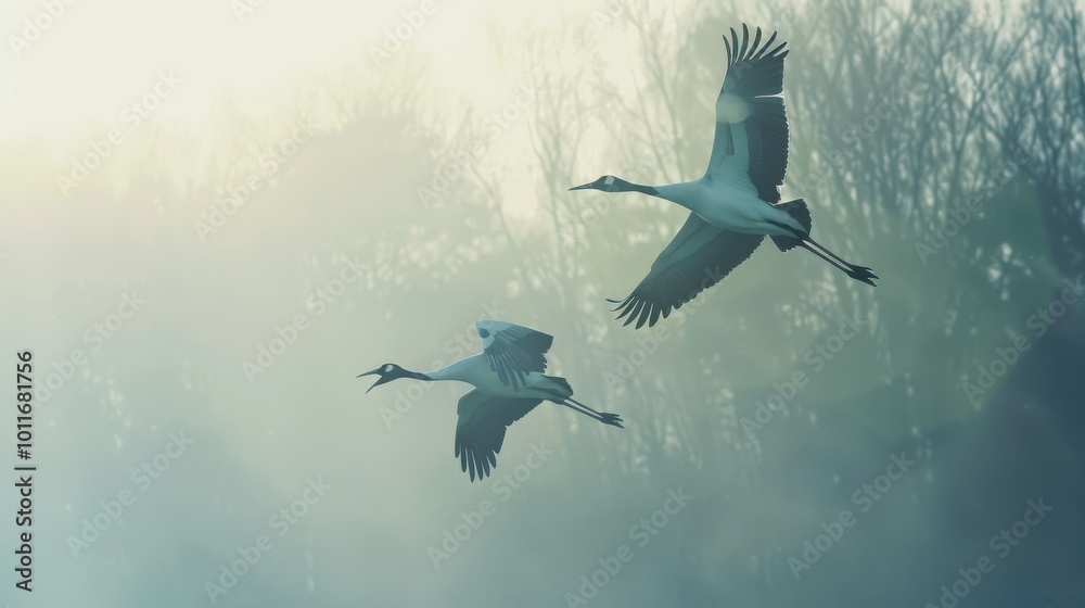Obraz premium Graceful cranes soaring through a misty sky, evoking a sense of peace and freedom.