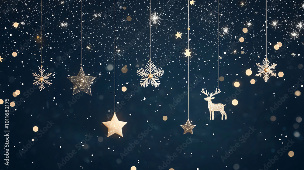 Fototapeta premium Festive decorations featuring snowflakes, stars, and reindeer create magical holiday atmosphere. shimmering elements hang against dark background, evoking joy and celebration