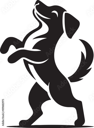 Black and white dog silhouette standing on hind legs, appearing to dance in a vector style