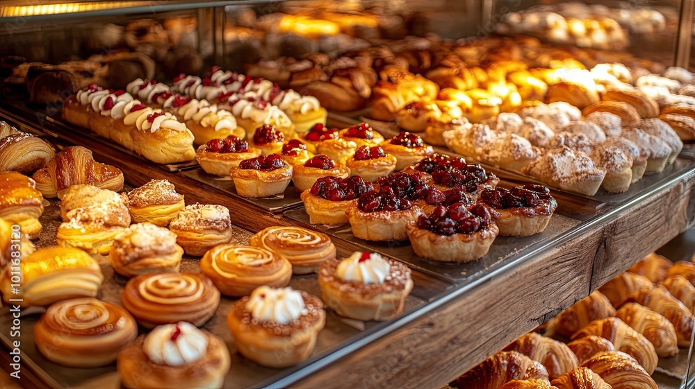 A Bakery Showcase: Tempting Display of Freshly Baked Pastries and Bread A Bakery Showcase: Tempting Display of Freshly Baked Pastries and Bread