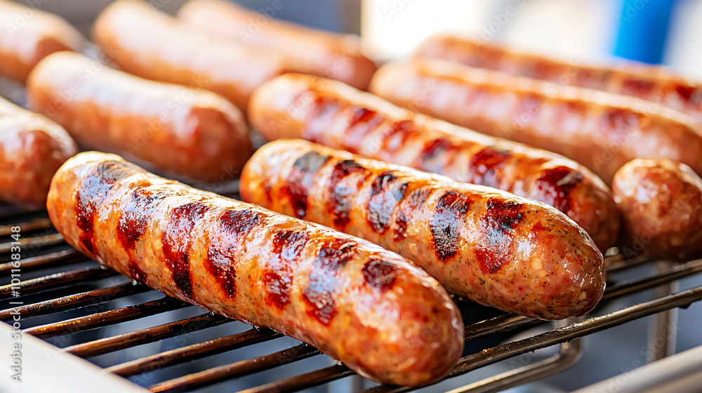 Grilled sausages on barbecue grill, showcasing their deliciously charred exterior and juicy texture. Perfect for summer gatherings and outdoor cooking Grilled sausages on barbecue grill, showcasing their deliciously charred exterior and juicy texture. Perfect for summer gatherings and outdoor cooking