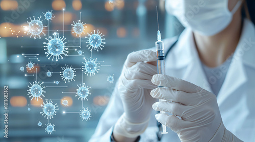 Healthcare professional holding syringe, preparing for vaccination against viruses. image conveys sense of urgency and dedication in fight against infectious diseases