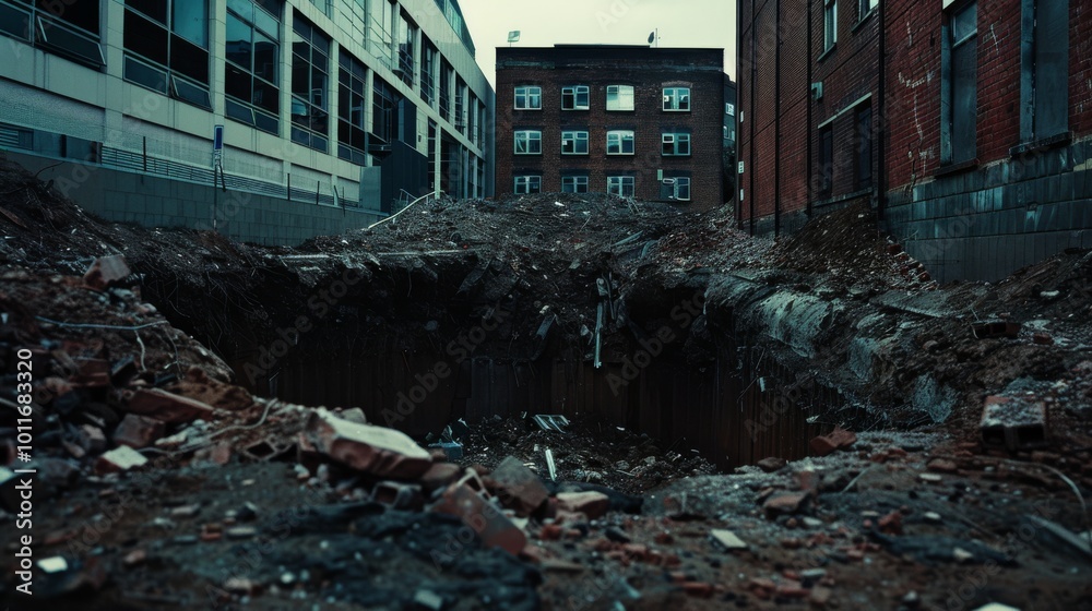 A wide, excavated pit sits ominously between old and new buildings, symbolizing urban development amid contrasting architectural eras. A wide, excavated pit sits ominously between old and new buildings, symbolizing urban development amid contrasting architectural eras.