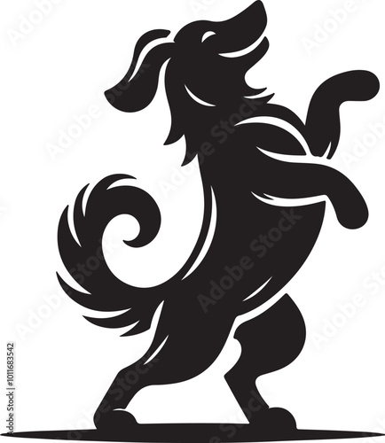 Black and white dog silhouette standing on hind legs, appearing to dance in a vector style