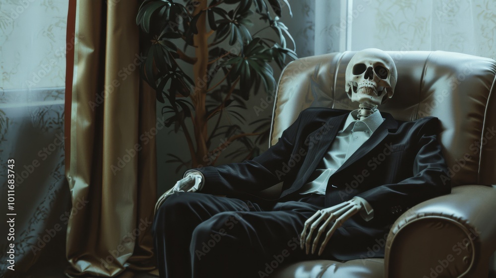 Fototapeta premium A skeleton dressed in a suit, relaxed on a leather armchair, in a dimly lit room, creating an eerie yet whimsical atmosphere.
