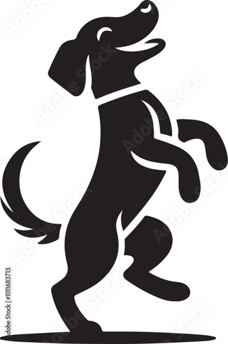 Black and white dog silhouette standing on hind legs, appearing to dance in a vector style