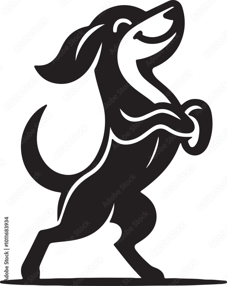 Fototapeta premium Black and white dog silhouette standing on hind legs, appearing to dance in a vector style