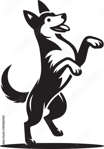 Black and white dog silhouette standing on hind legs, appearing to dance in a vector style