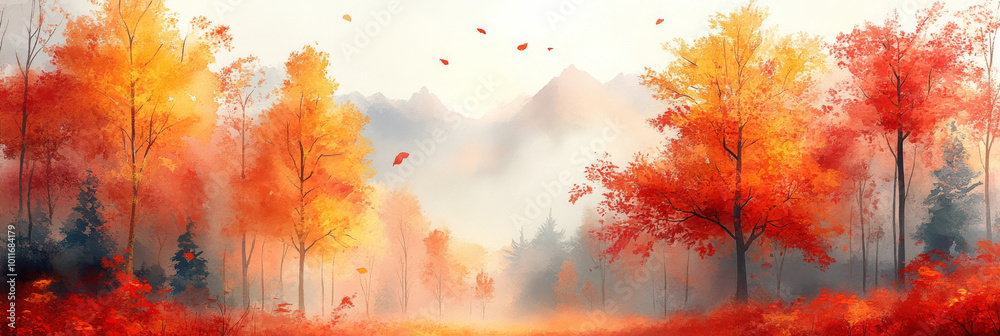 Fototapeta premium Vibrant fall colors paint the forest with a misty backdrop.