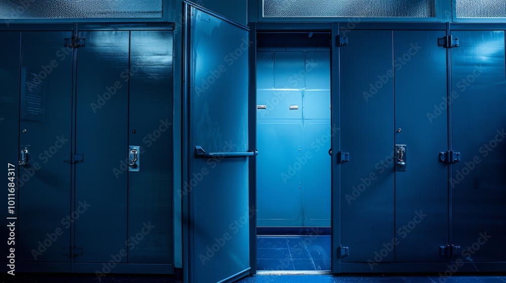 An empty, dimly lit locker room with partially open metal lockers casting a cold, blue hue, evoking a sense of stillness and abandonment. An empty, dimly lit locker room with partially open metal lockers casting a cold, blue hue, evoking a sense of stillness and abandonment.