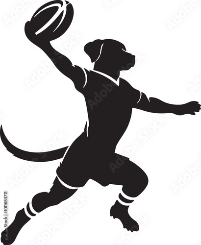 A silhouette of a dog holding a rugby ball in its mouth, showcasing playful energy and enthusiasm for the sport