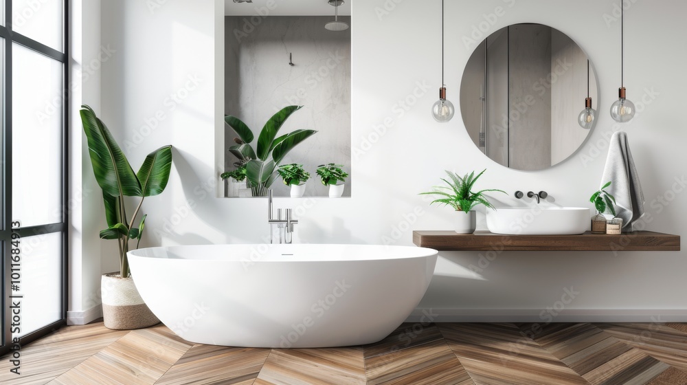 Fototapeta premium A modern, sunlit bathroom featuring a white bathtub, green plants, a wooden floor, and simple decor, radiating tranquility and contemporary style.