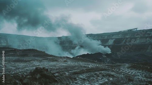 Thick, dark smoke billows into the sky from a restricted mining area, portraying an intense, industrial atmosphere.