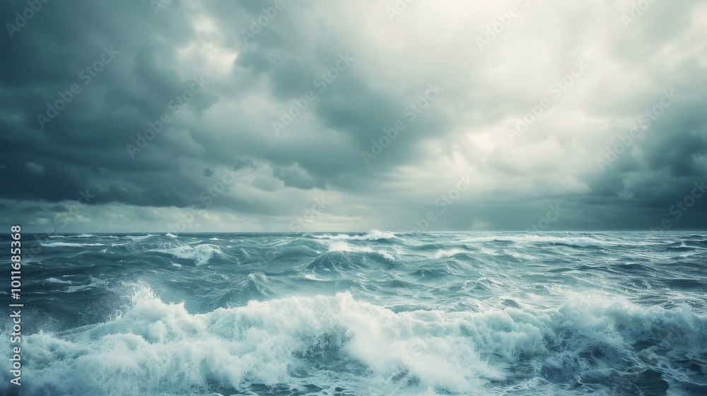 Fototapeta premium A stormy seascape with rolling waves under a turbulent sky captures the dramatic and untamed beauty of the ocean, evoking a sense of awe and power.